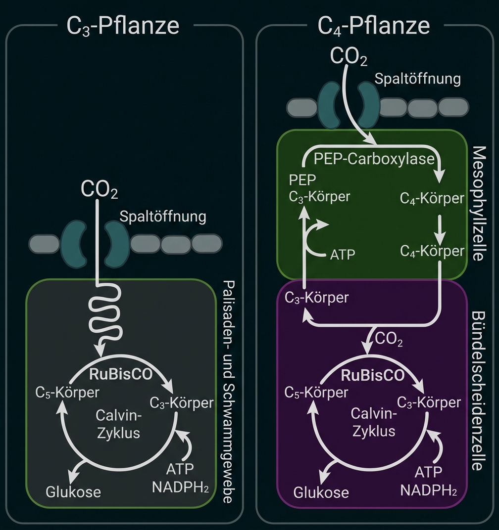 Diagramm: Vergleich C3- und C4-Pflanzen zeigt CO2-Aufnahme, PEP/Calvin-Zyklus und beteiligte Zellschichten